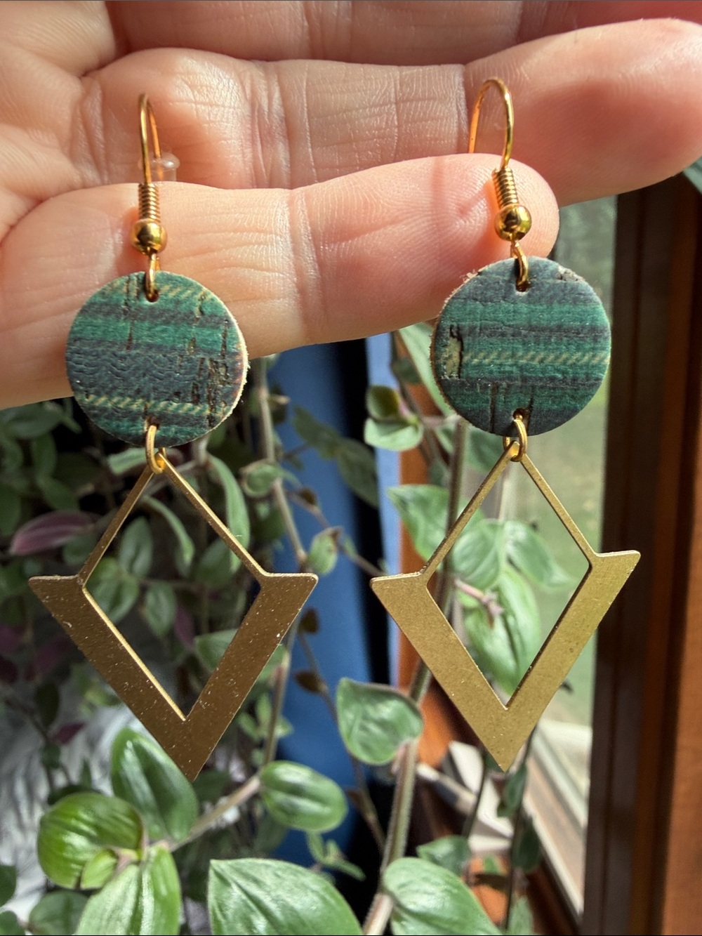 Stylish Gold Geometric Drop Earrings with Green Accents